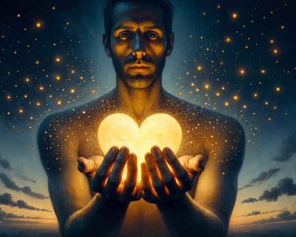 Man in Twilight Landscape with Glowing Heart