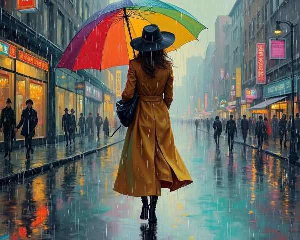 Vibrant Urban Scene with Rain and Colorful Umbrella