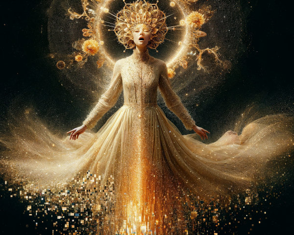 Elegant figure in flowing gown with golden particles