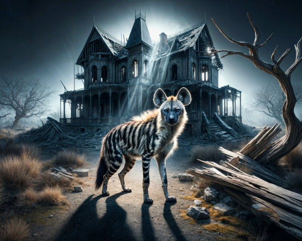 Striped Hyena in Eerie Landscape with Haunted Mansion