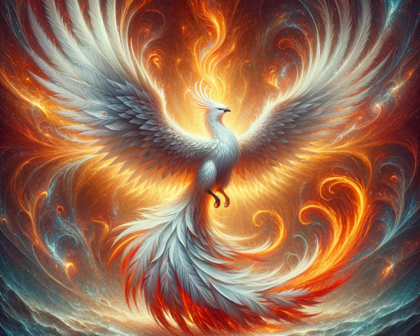 Phoenix Rising Against Fiery Orange and Deep Blue
