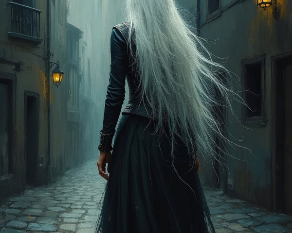 Mysterious Figure in Dimly Lit Cobblestone Alley
