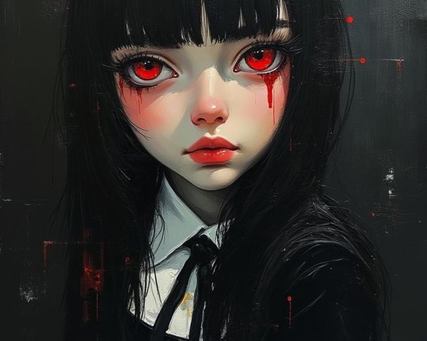 Portrait of a girl with red eyes and black hair