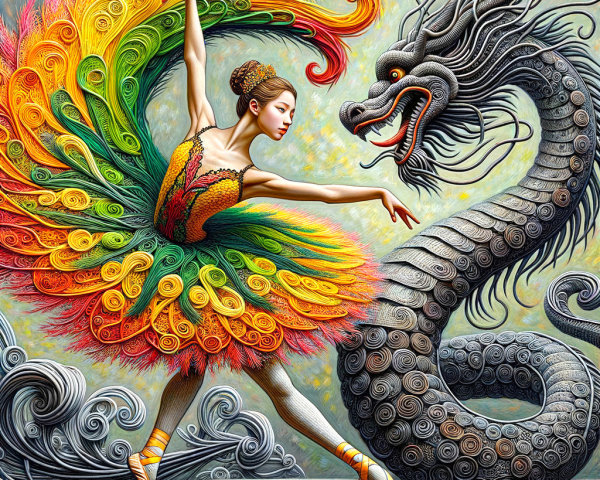 Vibrant dancer in colorful feathered costume with dragon
