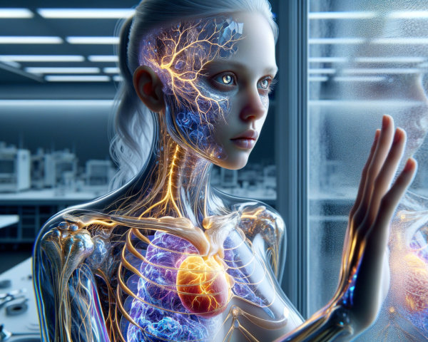 Futuristic Humanoid with Transparent Skin in Lab Setting