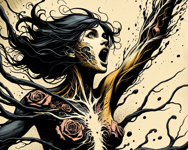 Powerful figure with dark hair and emotional expression