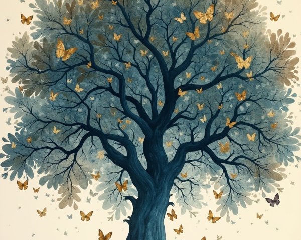 Majestic tree with golden butterflies and blue leaves
