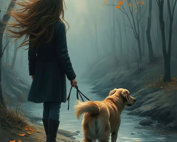 Girl with Golden Retriever by a Foggy Stream