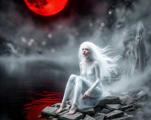 Digital Painting of Woman by Water Under Blood Moon