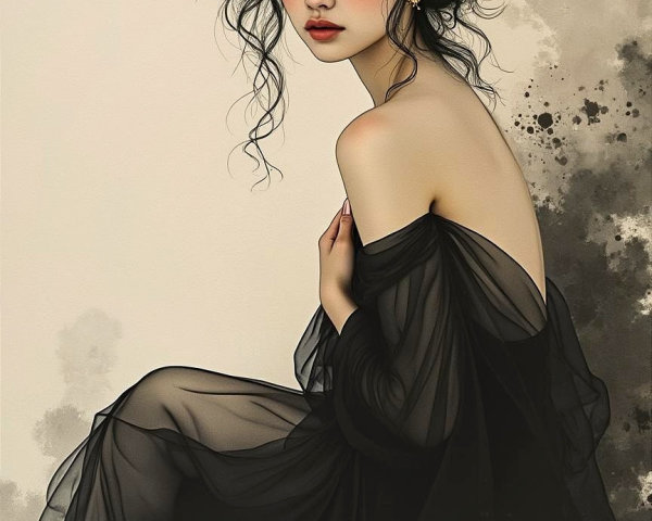 Elegant figure in flowing black gown with serene expression