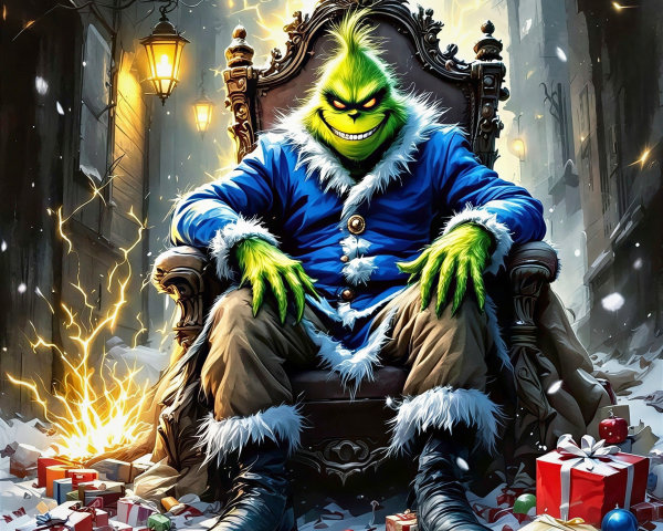 Grinch on Throne Surrounded by Christmas Gifts Outdoors