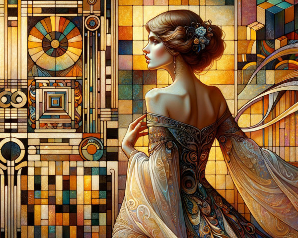 Stylized Woman in Elegant Gown with Geometric Backdrop