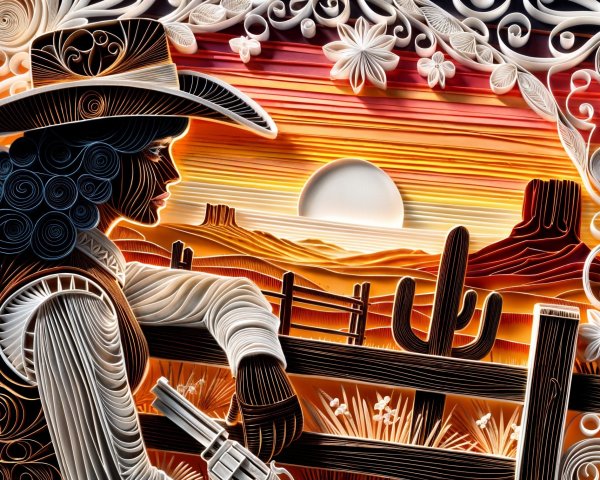 Quilling Artwork of Cowboy Silhouette at Sunset