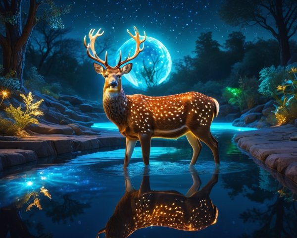 Majestic stag in serene moonlit landscape with greenery