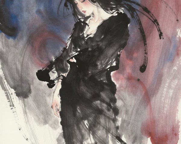 Ink Painting of Woman in Black Garment with Colorful Background