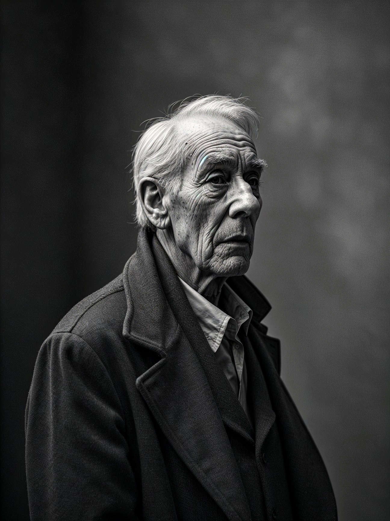 Elderly Man with Weathered Features in Monochrome Scene