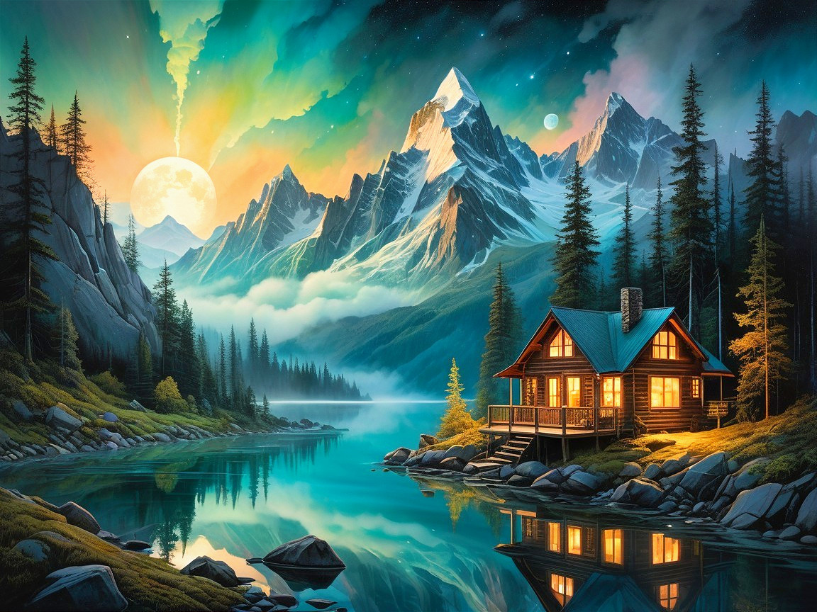 Serene Mountain Landscape with Cozy Cabin at Twilight