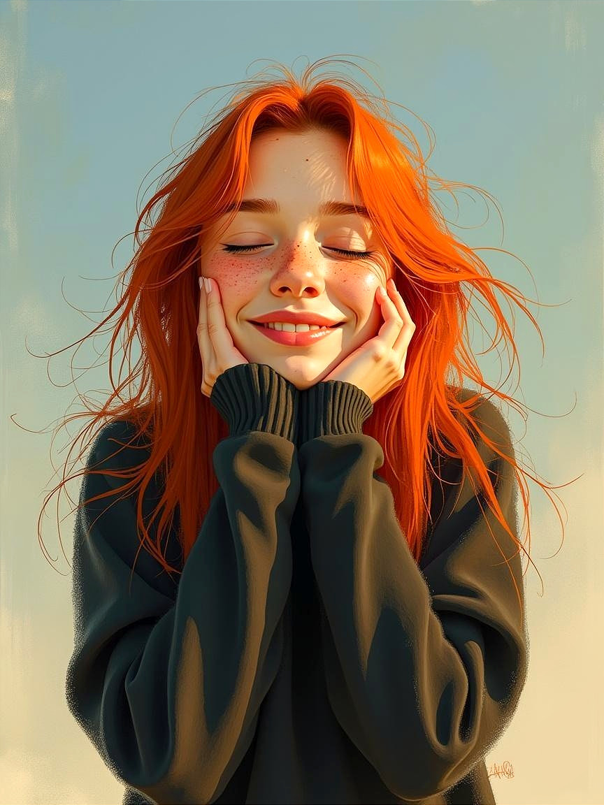 Young woman with red hair and bright smile in sweater
