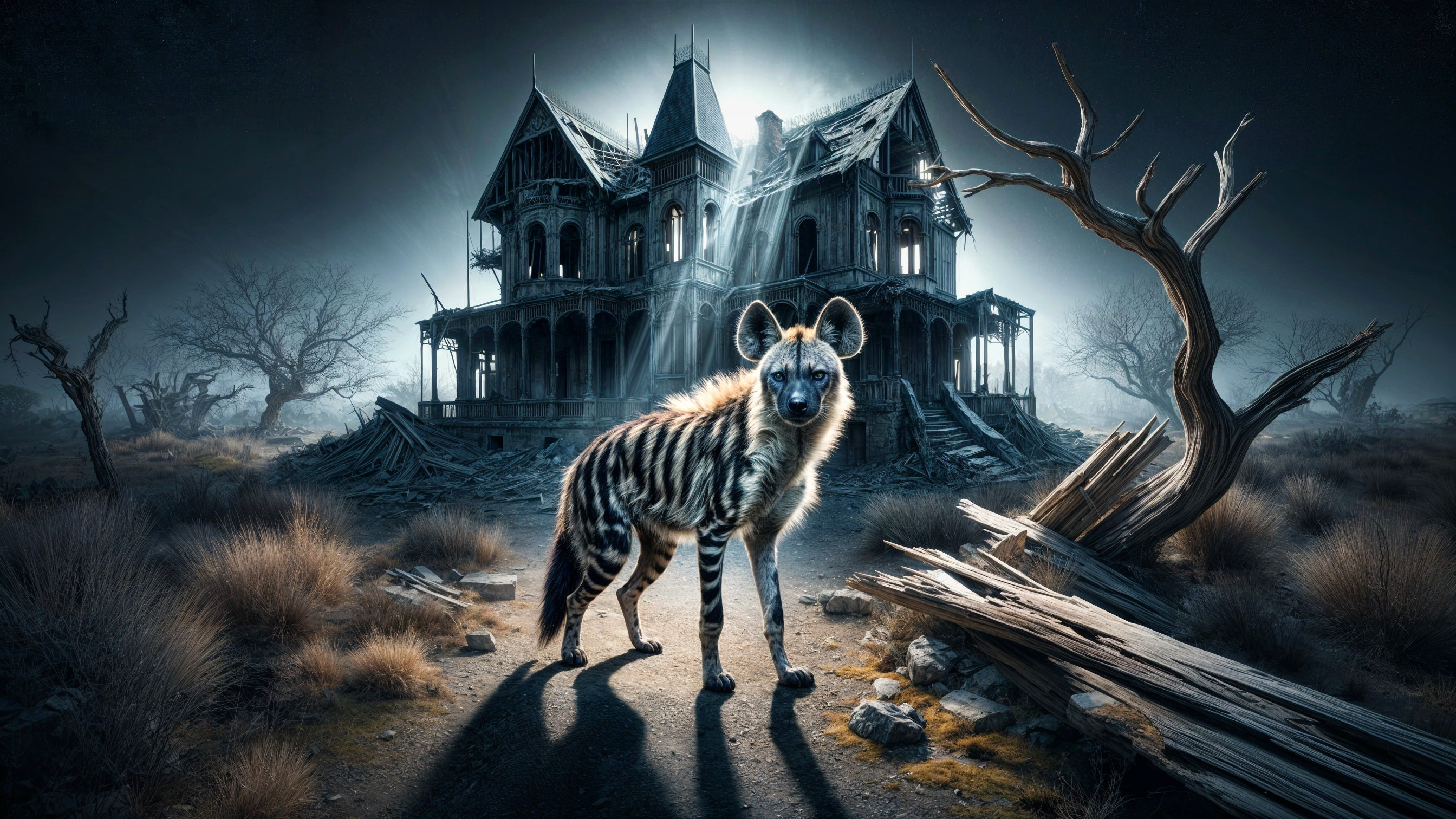 Striped Hyena in Eerie Landscape with Haunted Mansion