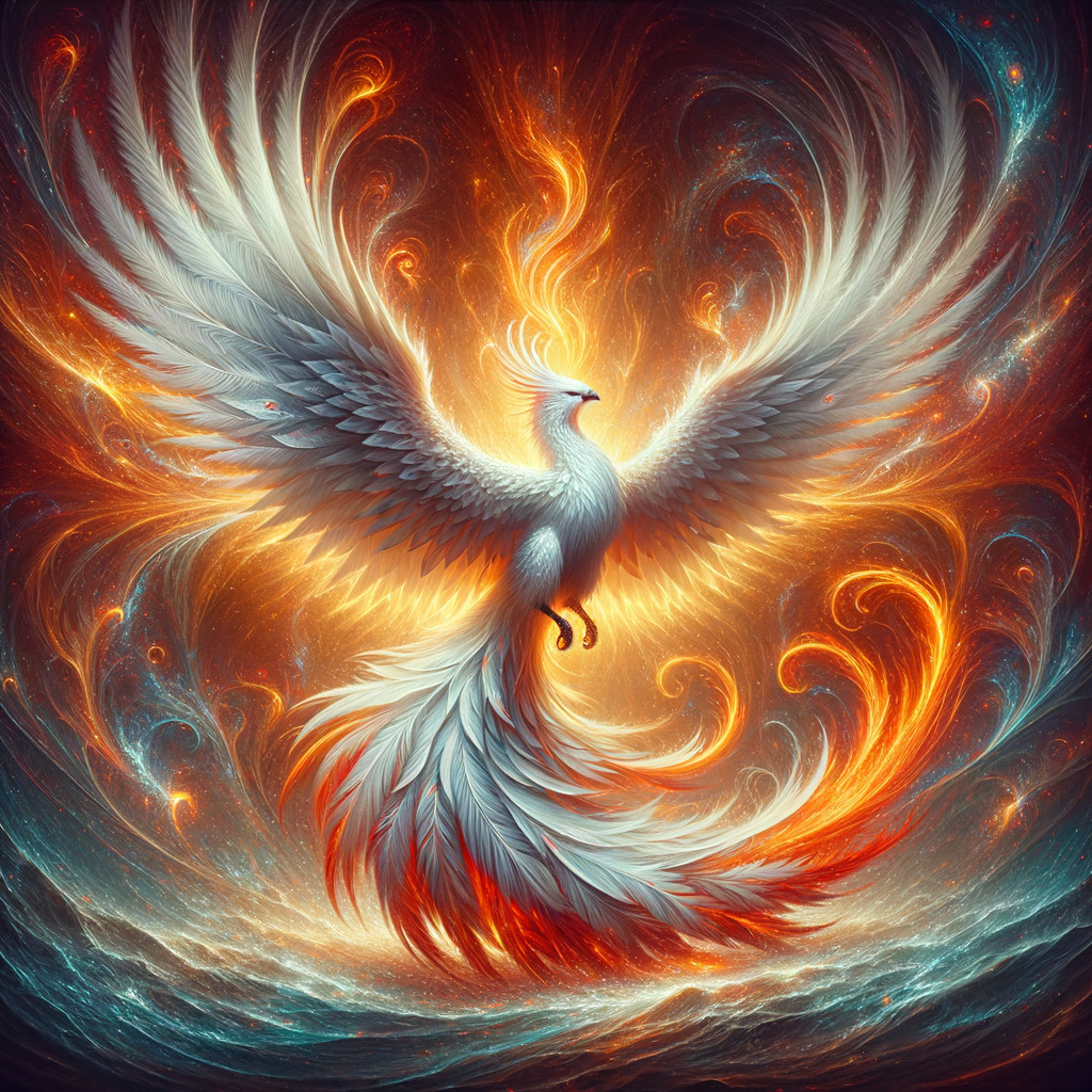 Phoenix Rising Against Fiery Orange and Deep Blue