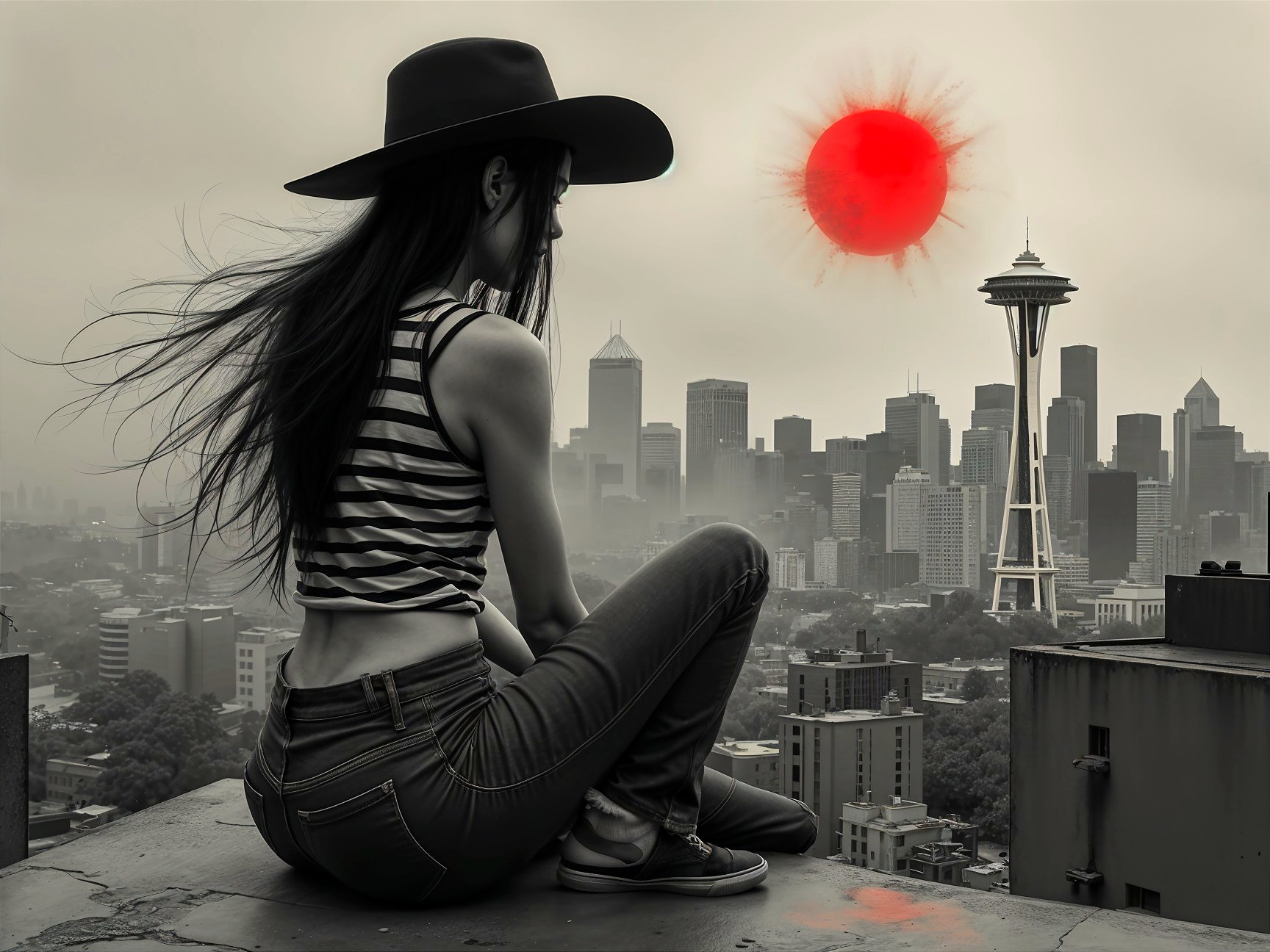 Silhouette of a Woman on Rooftop Overlooking City Skyline