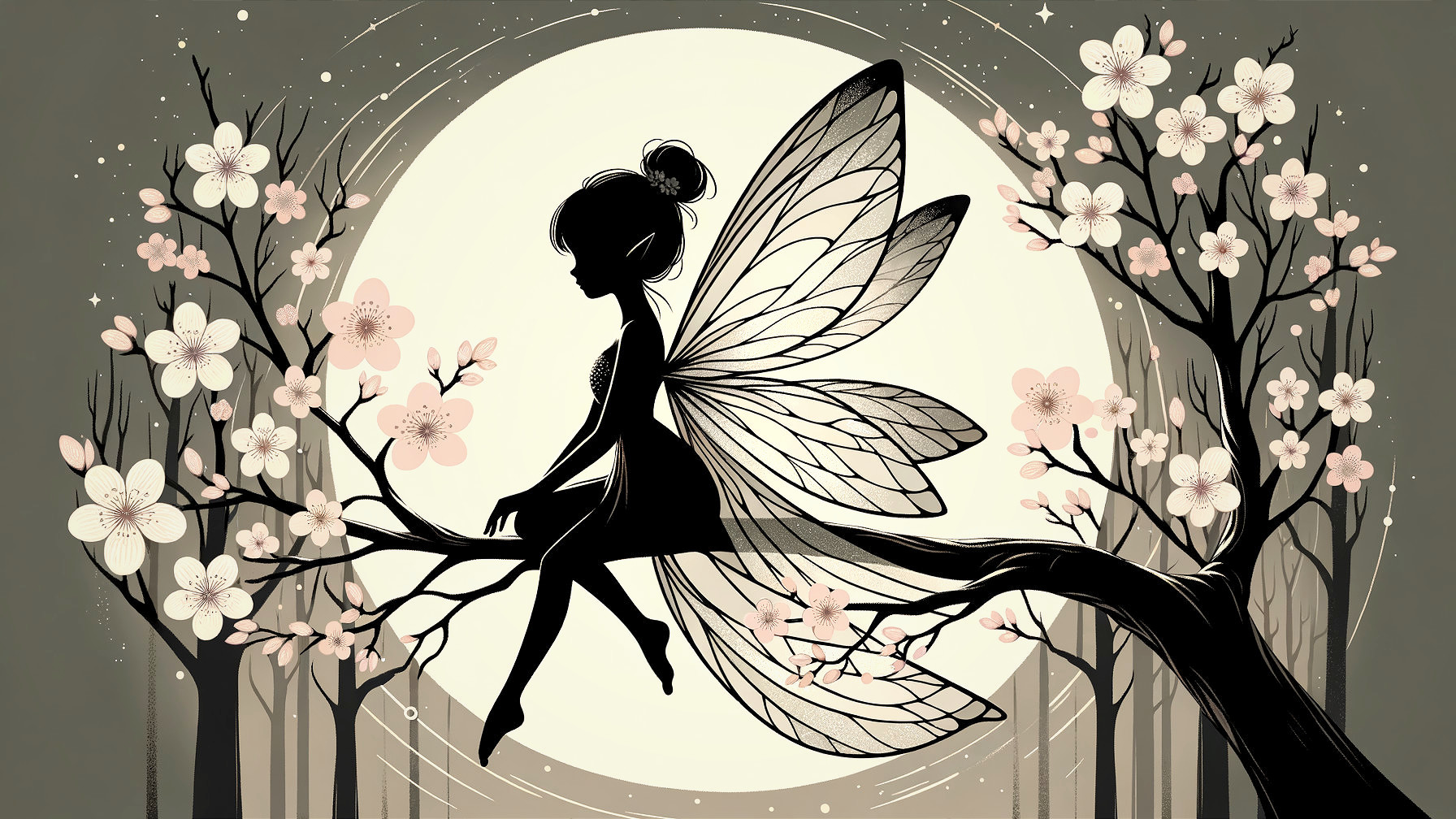 Fairy on Tree Branch with Moon and Blossoming Flowers