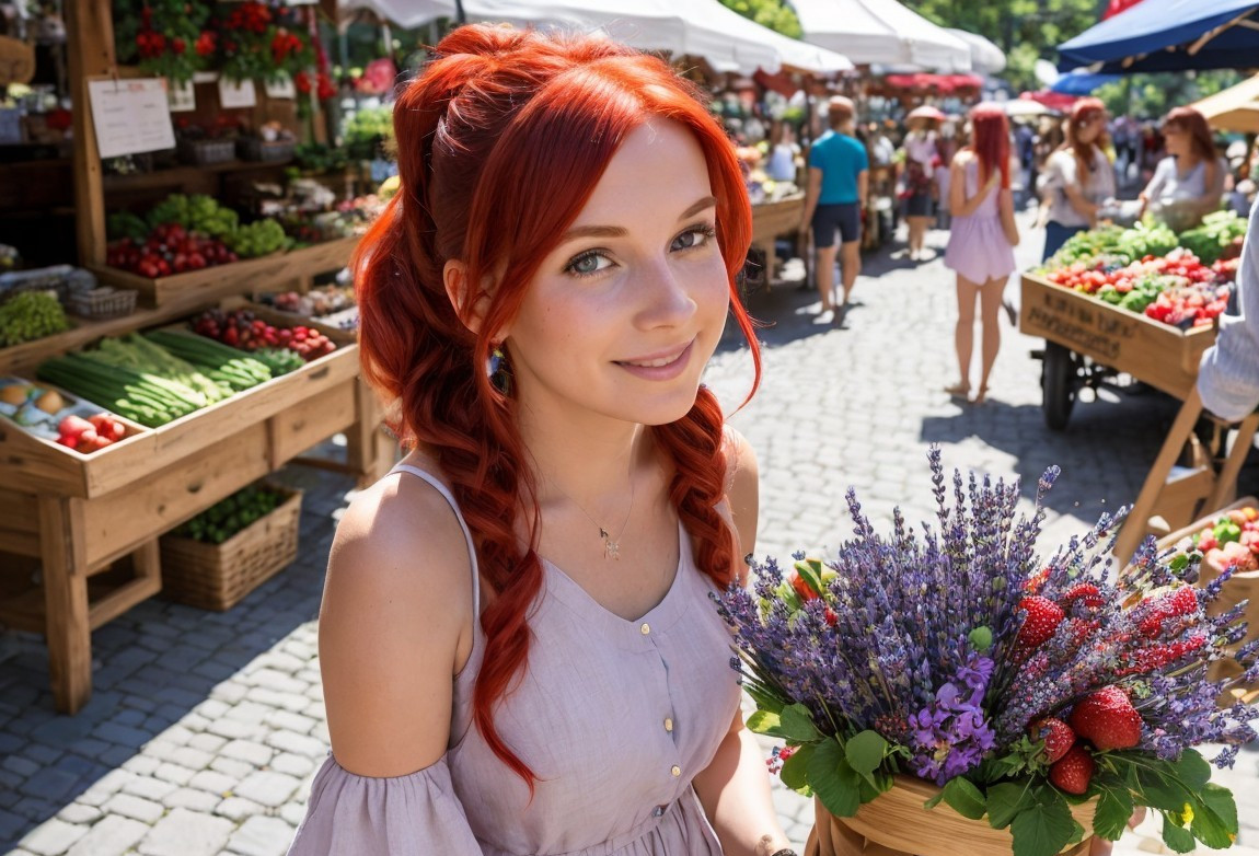 Young Woman with Red Hair at Colorful Market Scene