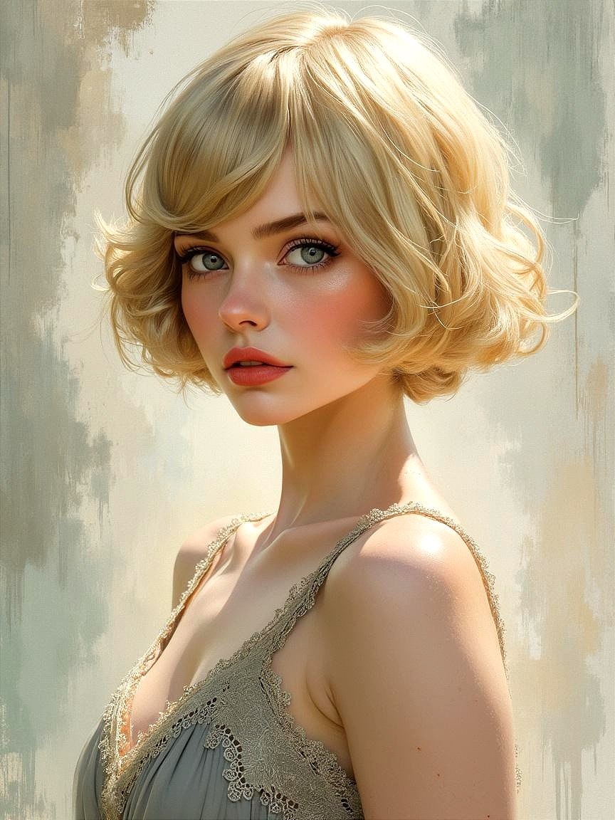 Young woman with blonde hair and blue-green eyes