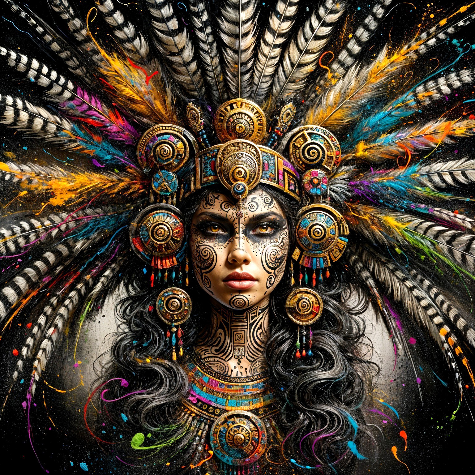 Portrait of a Woman with Feathered Headdress and Colors