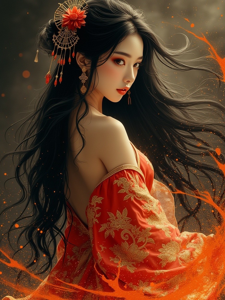 Elegant figure in red gown with golden patterns