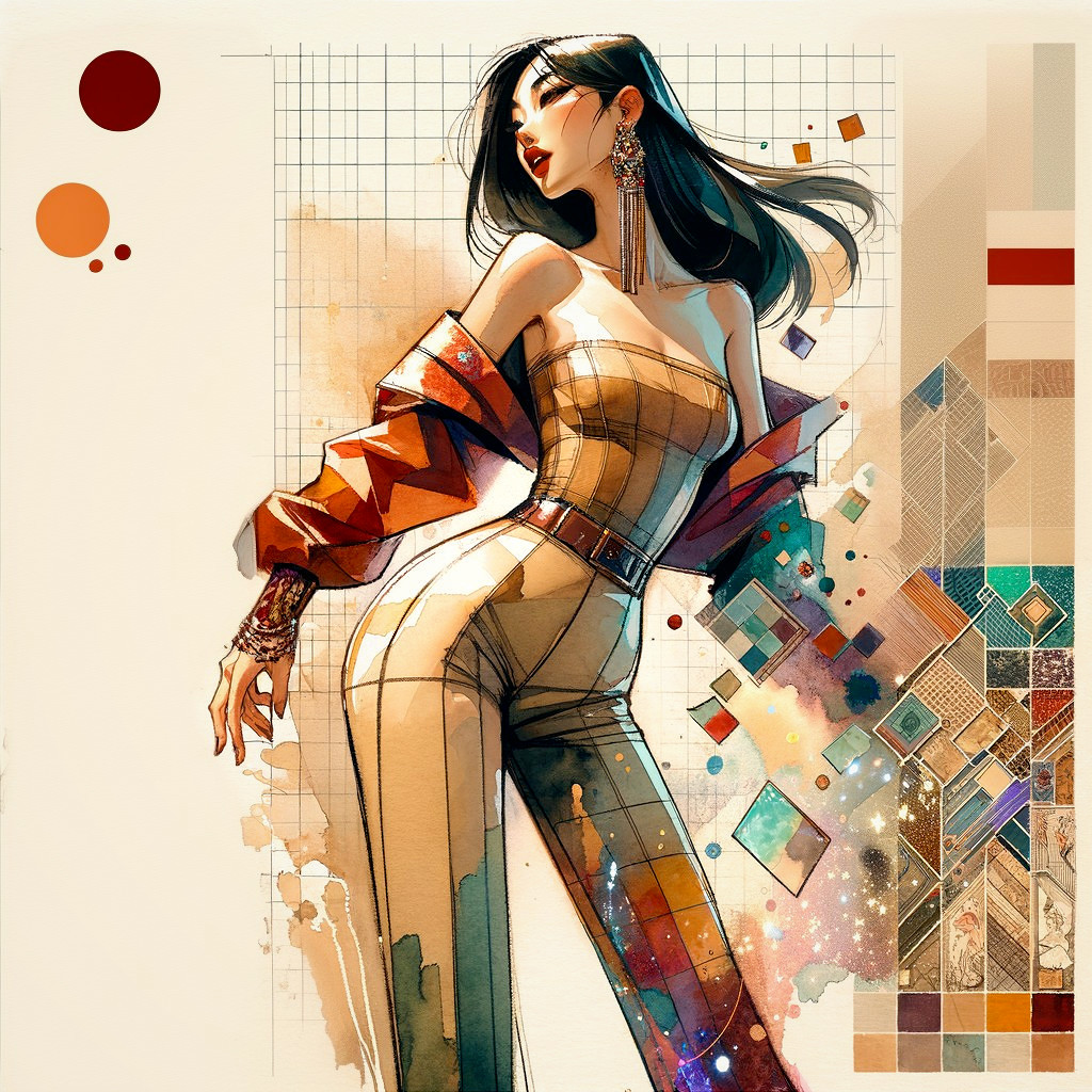 Chic One-Piece Outfit with Bold Patterns and Accessories