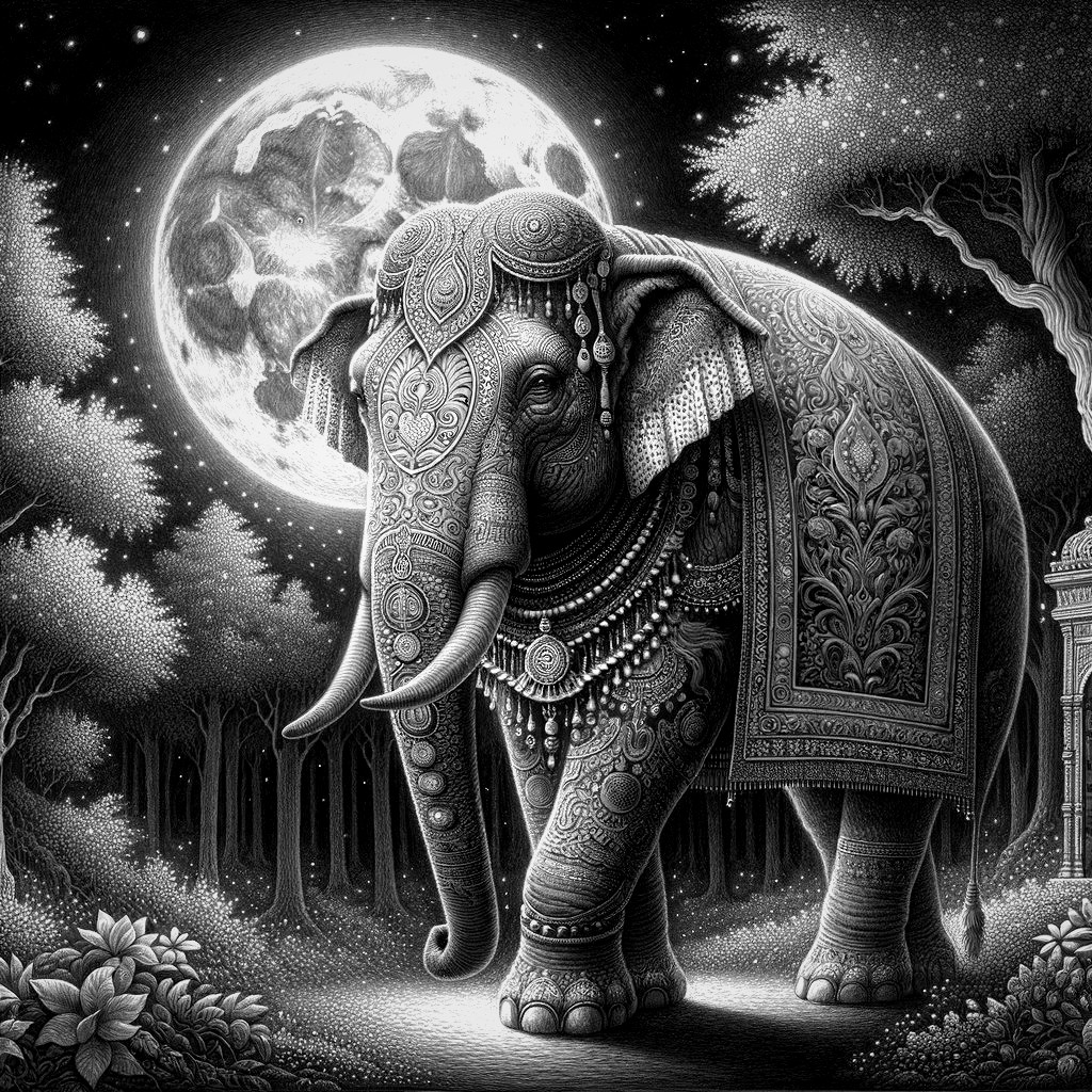 Elephant with Patterns in a Moonlit Forest Scene