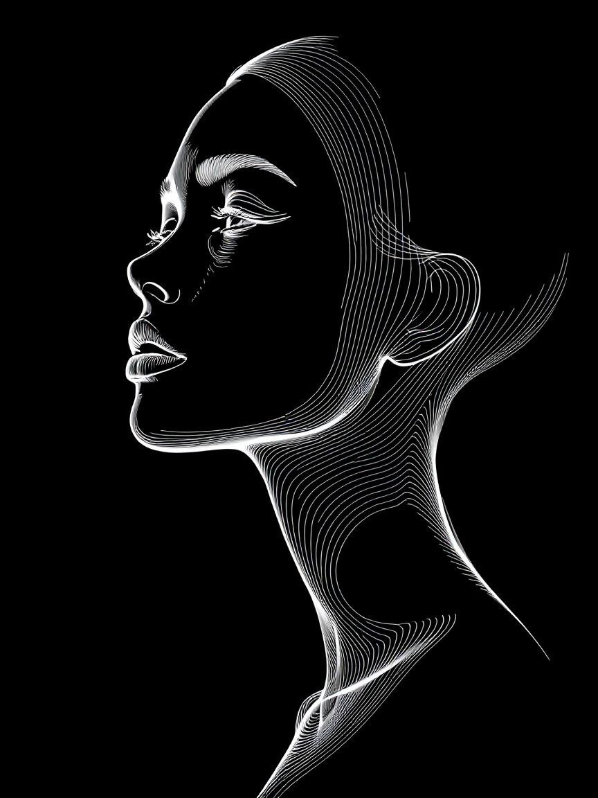 Elegant Profile of a Woman in White Lines on Black