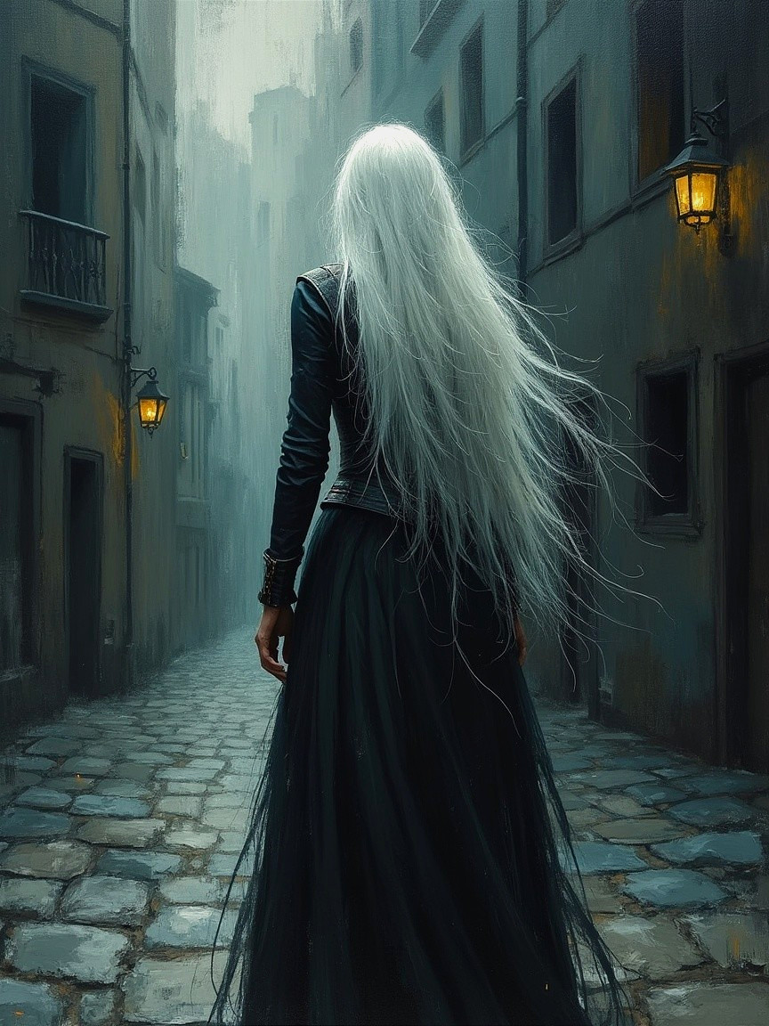 Mysterious Figure in Dimly Lit Cobblestone Alley