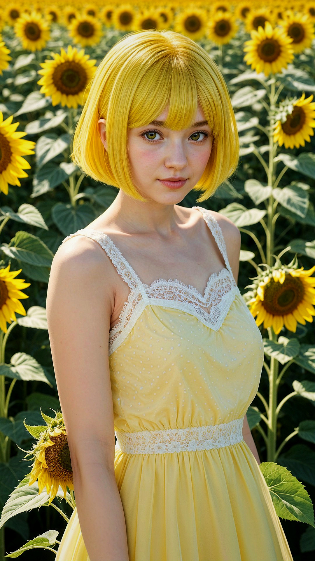 Young Woman in Sunflower Field with Yellow Dress