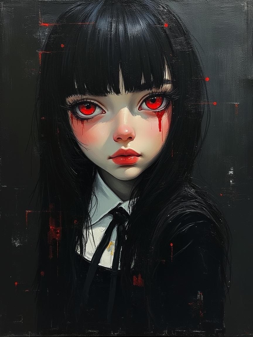 Portrait of a girl with red eyes and black hair