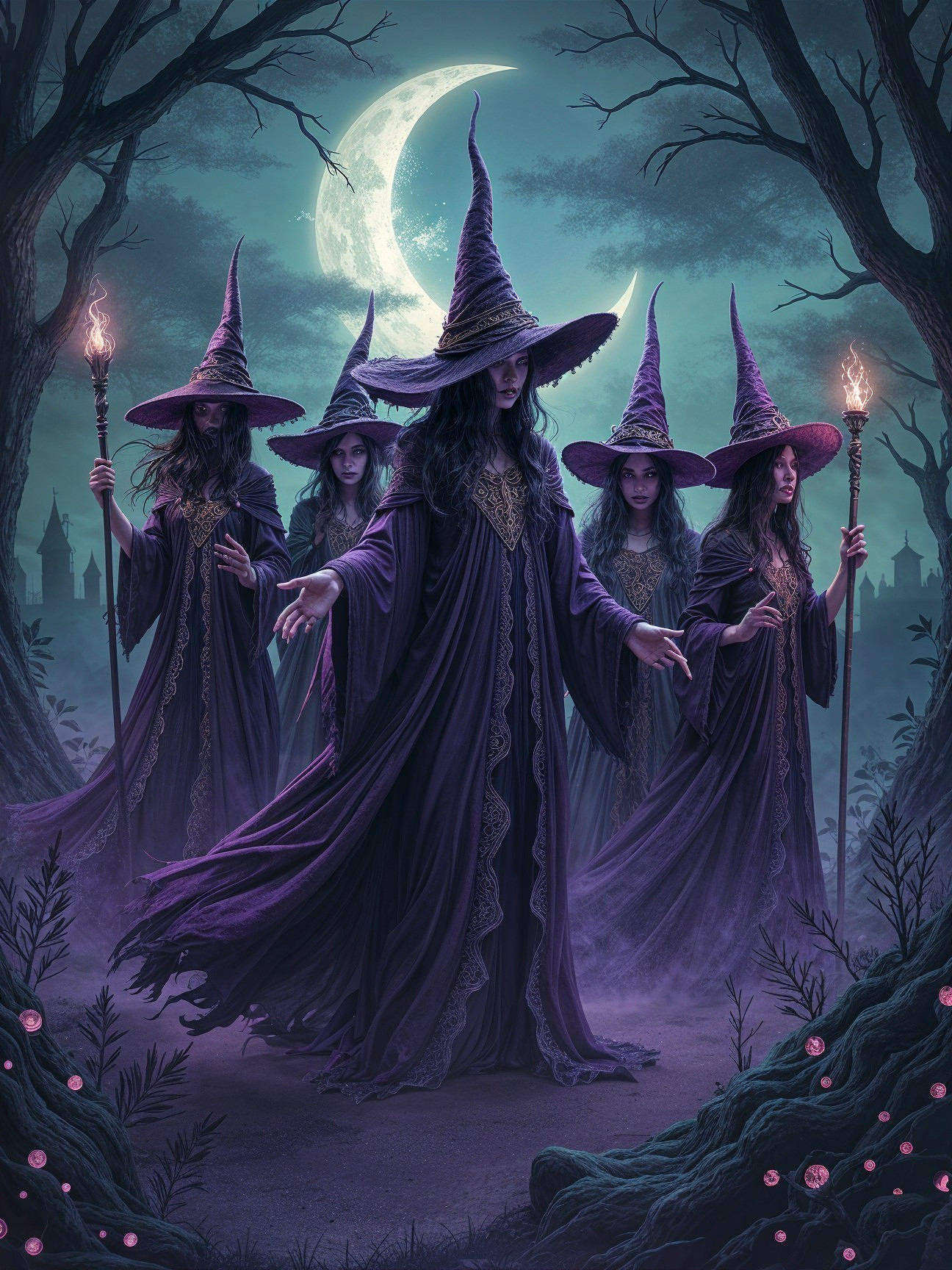 Mystical Forest Gathering with Women in Purple Robes