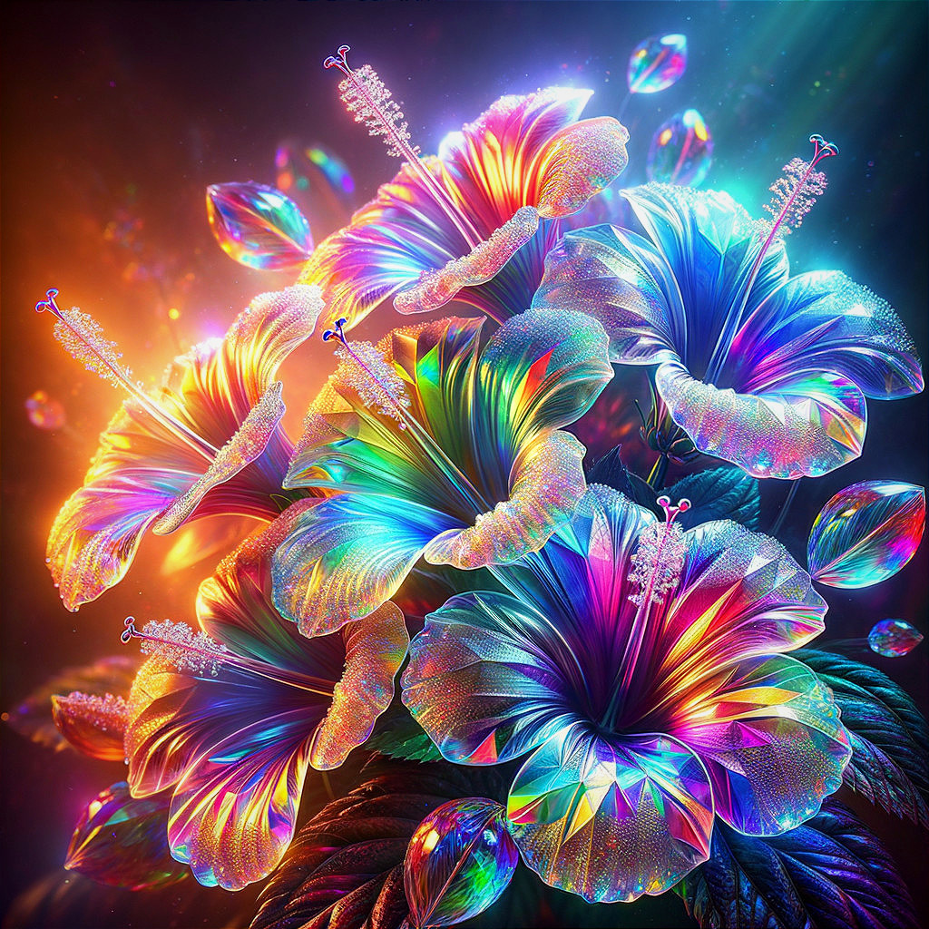Vibrant Iridescent Hibiscus Flower Arrangement Description