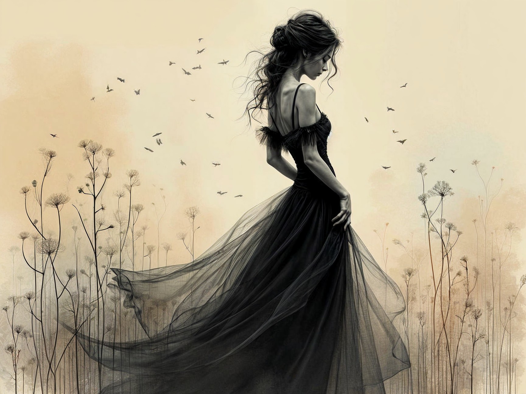 Elegant Figure in Black Dress Surrounded by Flowers