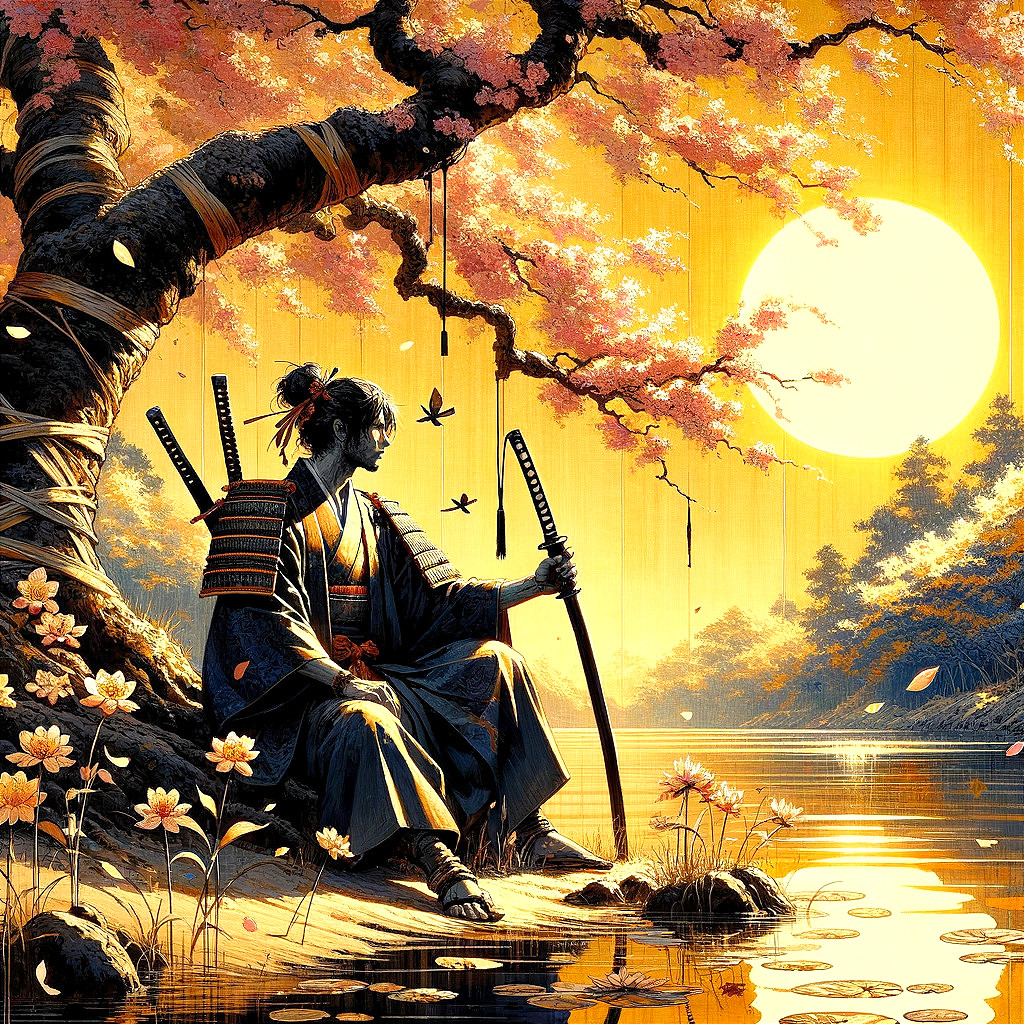 Samurai by River Under Cherry Blossom Tree at Sunset
