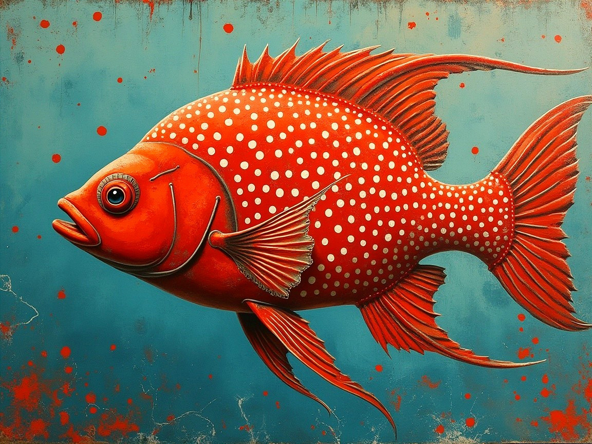 Vividly Painted Fish with Red Scales and Blue Background