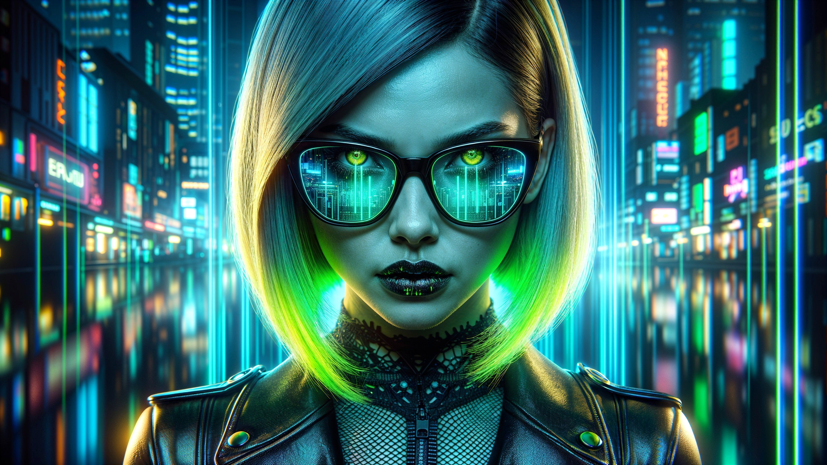 Futuristic Female Figure in Neon Urban Setting