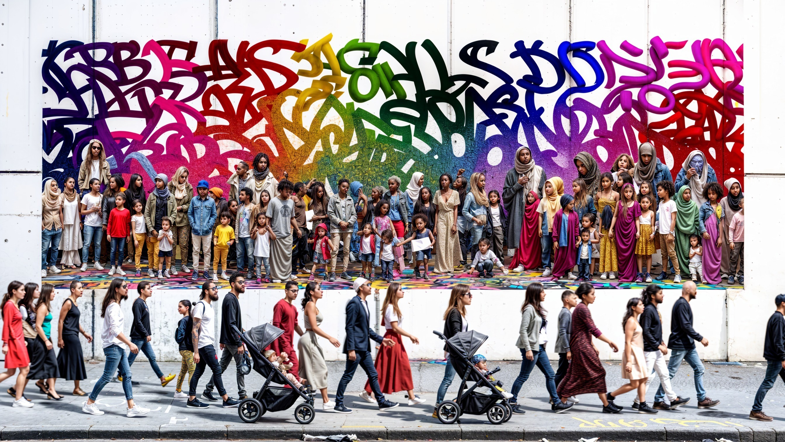 Vibrant street mural with traditional figures and pedestrians