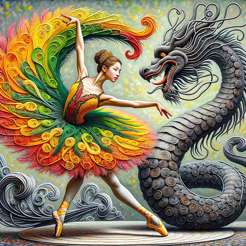 Vibrant dancer in colorful feathered costume with dragon