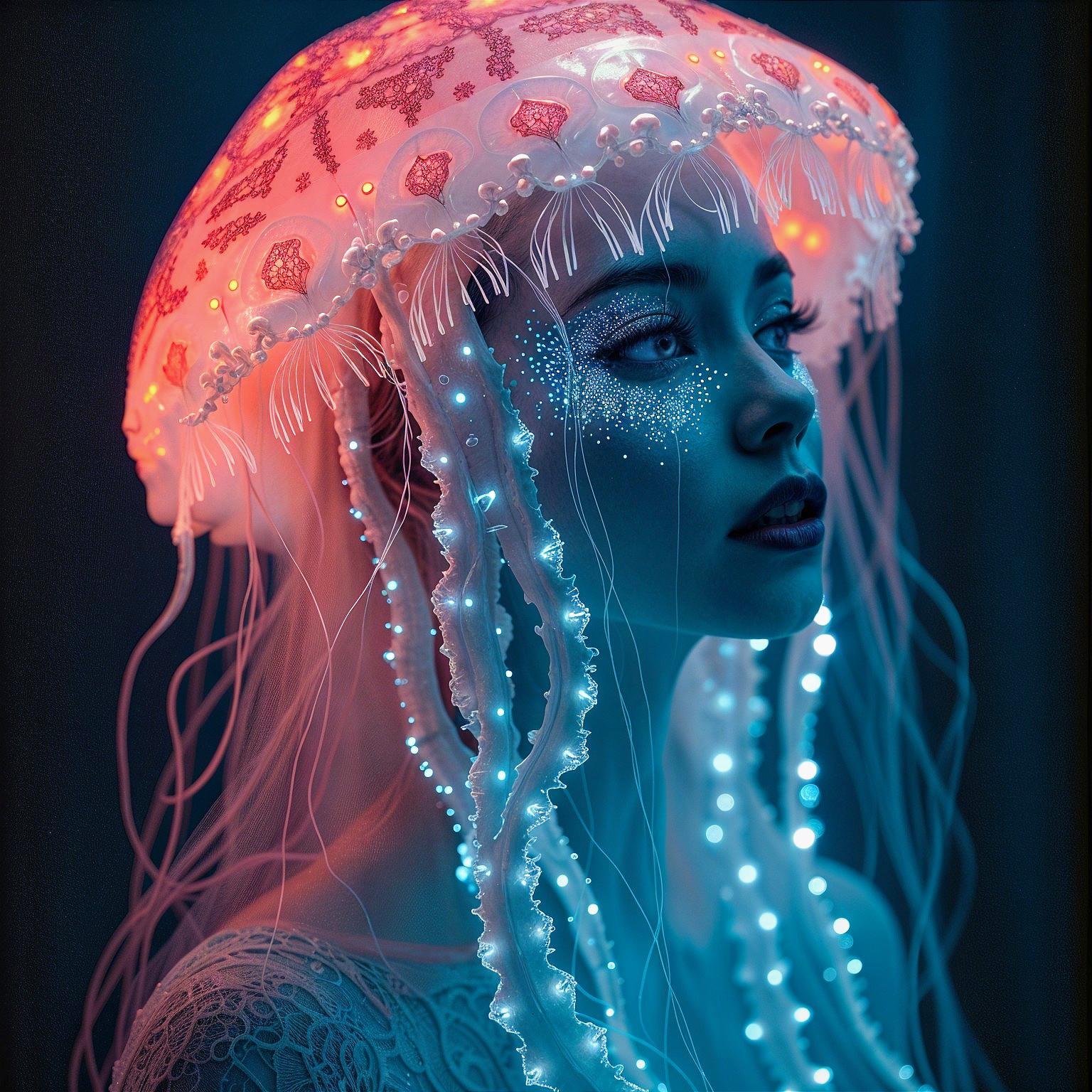 Portrait of a Woman with Luminous Jellyfish Headdress