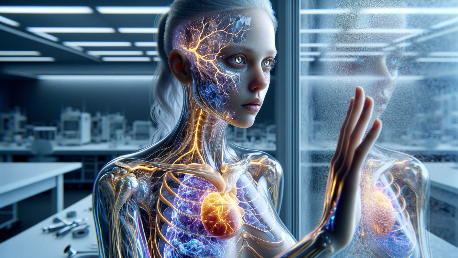Futuristic Humanoid with Transparent Skin in Lab Setting