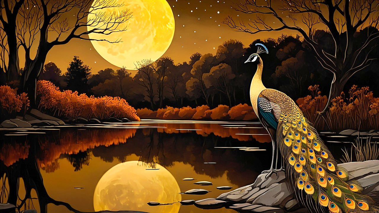 Peacock on Rocky Shore Under Full Moon and Stars