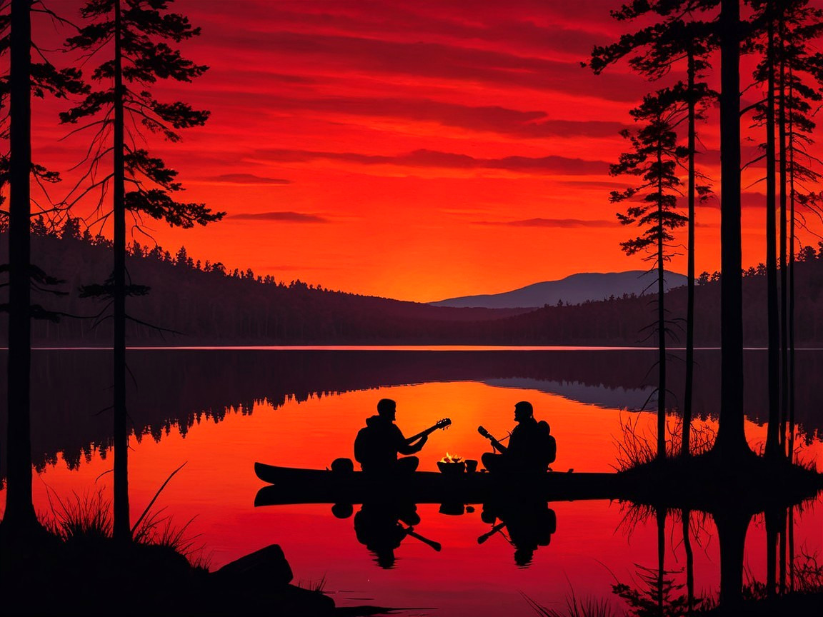 Silhouetted Figures Canoeing at Sunset by a Campfire