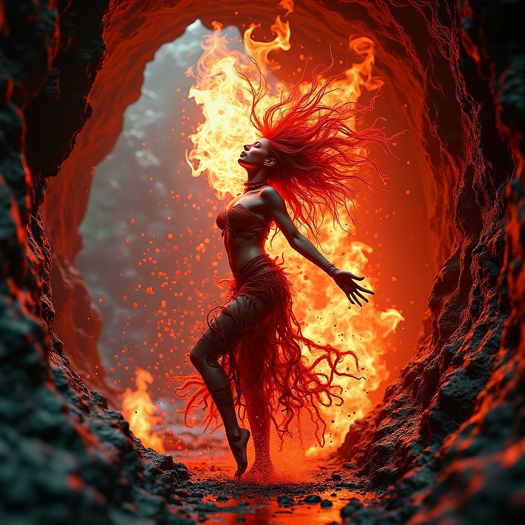 Fiery Figure Dancing Gracefully in a Rock Cavern