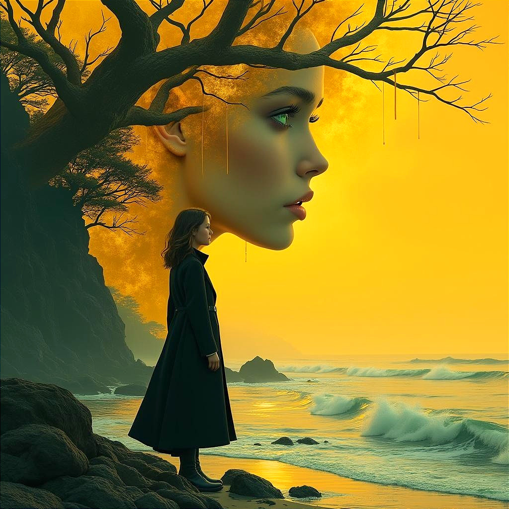 Serene Coastal Sunset with Woman on the Shore
